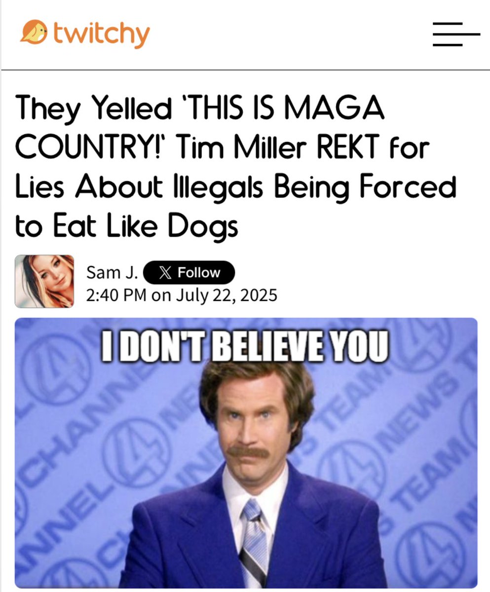 TwitchyTeam's tweet image. They Yelled 'THIS IS MAGA COUNTRY!' Tim Miller REKT for Lies About Illegals Being Forced to Eat Like Dogs
twitchy.com/samj/2025/07/2…