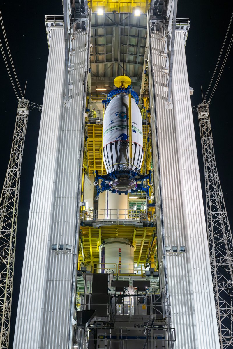 AndrewParsonson's tweet image. The payload for flight VV27, encased in its fairing, has been raised and placed atop the Vega C stack ahead of the July 25 launch.
Image credit: CNES / ESA / Arianespace / Optique Vidéo CSG / S Martin