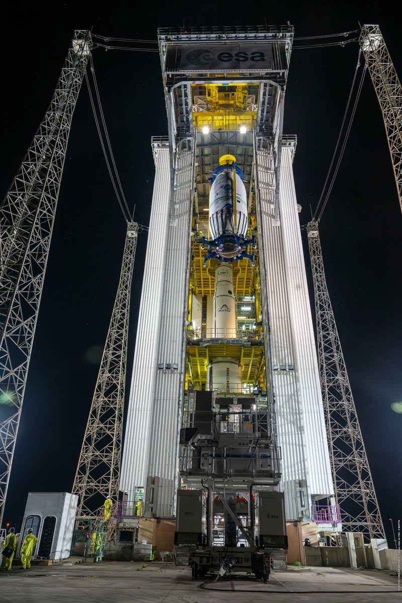 AndrewParsonson's tweet image. The payload for flight VV27, encased in its fairing, has been raised and placed atop the Vega C stack ahead of the July 25 launch.
Image credit: CNES / ESA / Arianespace / Optique Vidéo CSG / S Martin