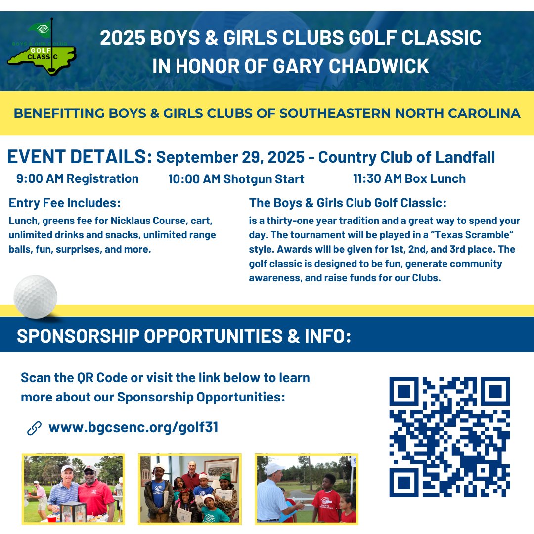⛳ It’s tee time for a great cause! From hole sponsorships to presenting opportunities, there’s a level for everyone who believes in Great Futures.💙

🎯 Learn more, register, or become a sponsor today:
👉 bgcsenc.org/event/golf31

#Golf #BGCSENC #GFSH #GolfForGood #SponsorLocal