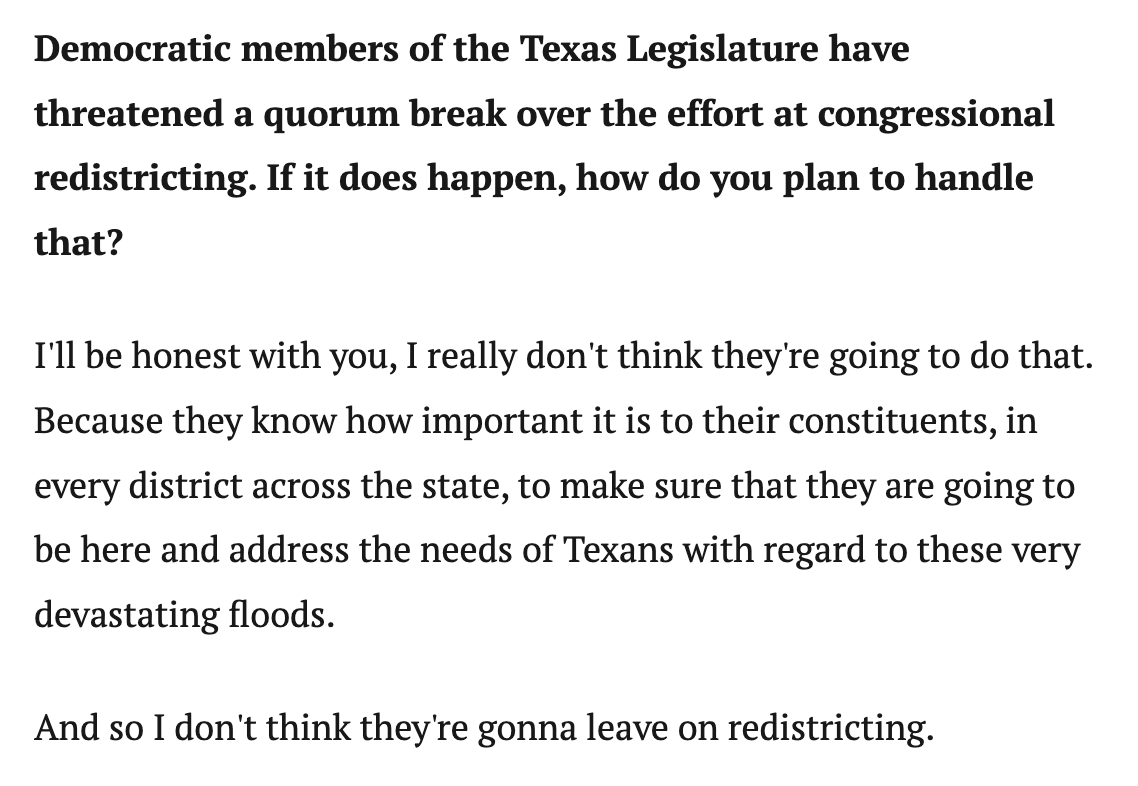 PhilJankowski's tweet image. From @cameronsabrams interview, Gov. @GregAbbott_TX shows how pairing floods relief with redistricting creates a political minefield for #txlege dems mulling a quorum break thetexan.news/issues/social-…