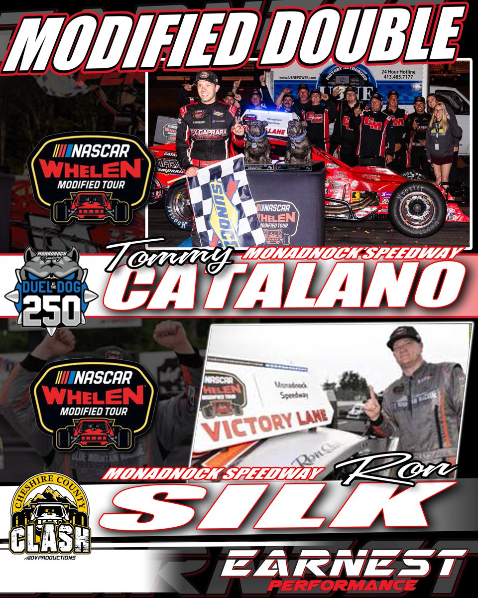 Earnest Performance (@earnestperform) on Twitter photo Fantastic weekend at <a href="/monadnockspeed/">Monadnock Speedway</a> 🏁🏁
<a href="/tommycatalano54/">Tommy Catalano</a>, winner at Saturday's <a href="/NASCARRegional/">NASCAR Regional</a> Whelen Modified Series Duel at the Dog 200.
Ron Silk became the 1st repeat NASCAR Whelen Mod Series winner on Sunday, as he won the Cheshire County Clash 200 lap race.
Congrats! Fantastic weekend at <a href="/monadnockspeed/">Monadnock Speedway</a> 🏁🏁
<a href="/tommycatalano54/">Tommy Catalano</a>, winner at Saturday's <a href="/NASCARRegional/">NASCAR Regional</a> Whelen Modified Series Duel at the Dog 200.
Ron Silk became the 1st repeat NASCAR Whelen Mod Series winner on Sunday, as he won the Cheshire County Clash 200 lap race.
Congrats!