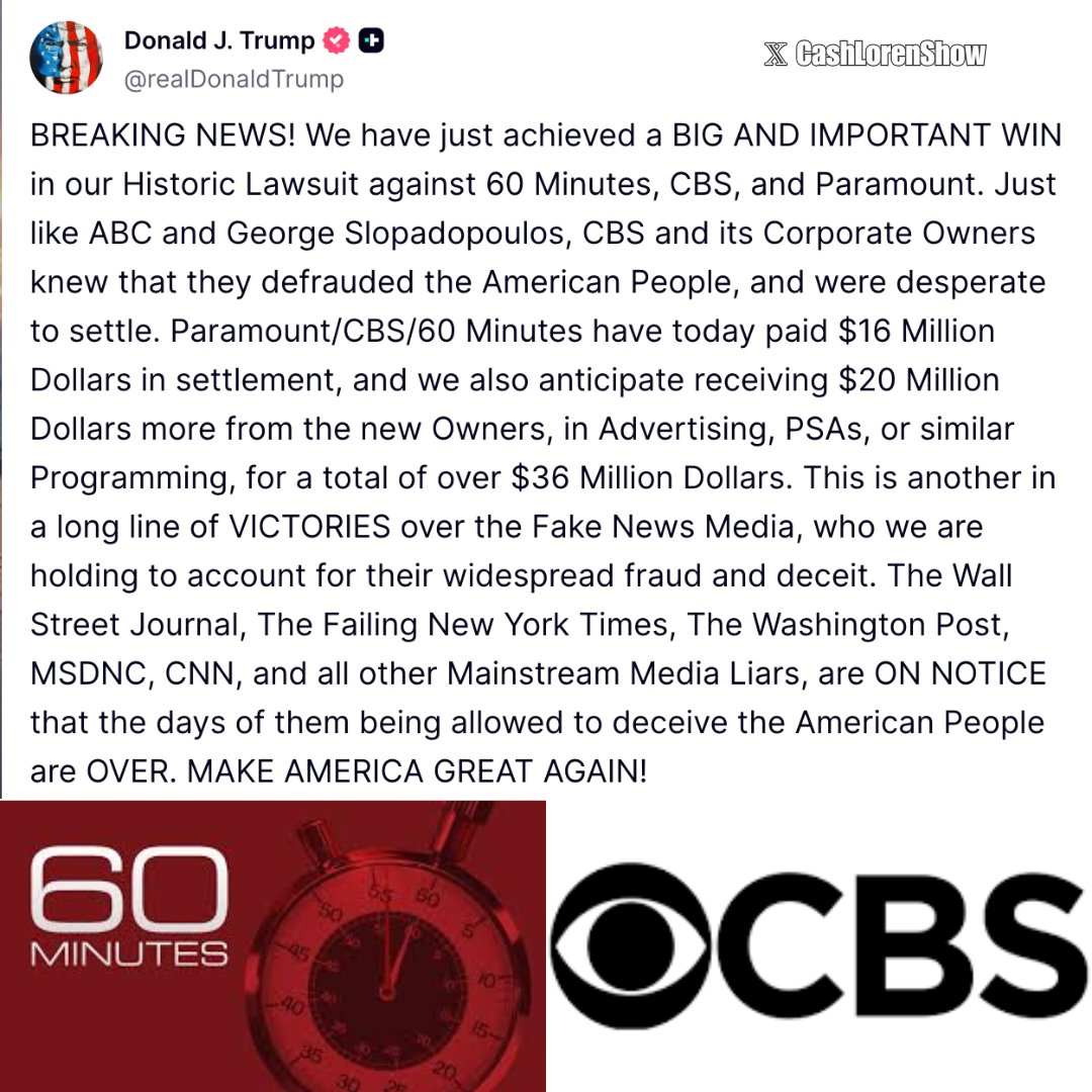 CashLorenShow's tweet image. WINNING! Trump wins a HUGE Lawsuit against 60 Minutes, CBS, and Paramount in their attempt to defraud the American voters when they changed Kamala's answers to affect the outcome of an election