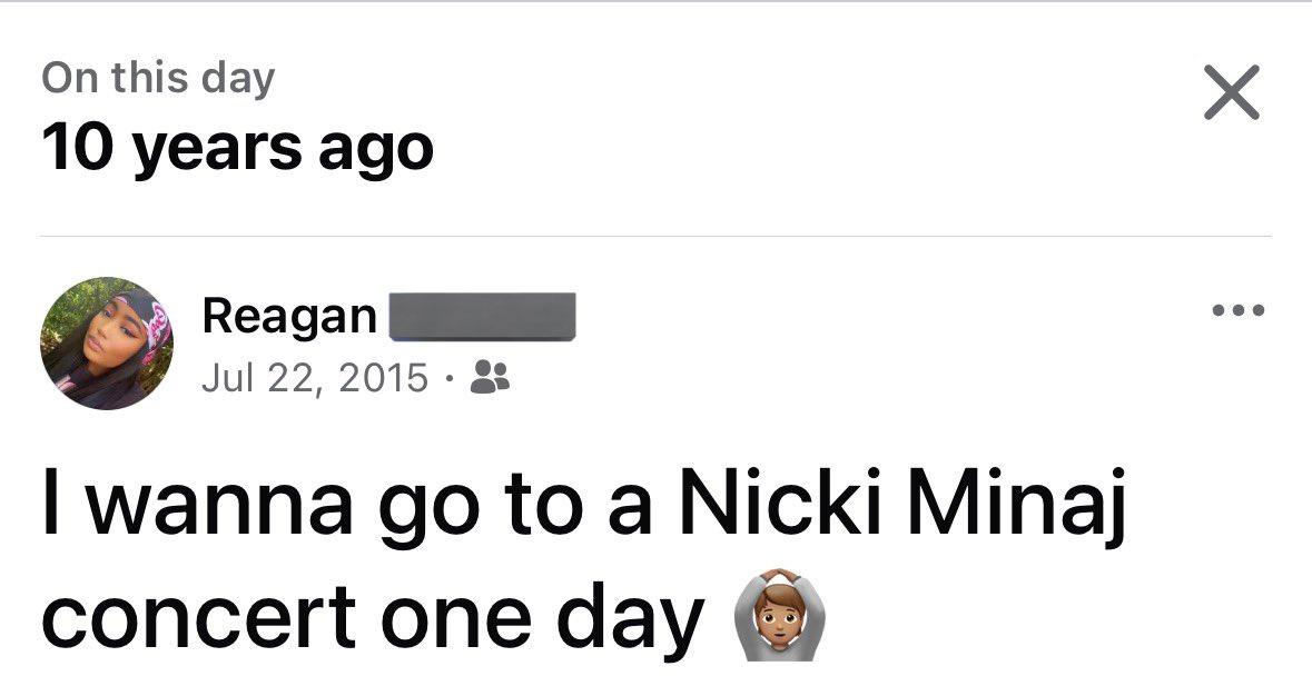FukIzOnYoBizkit's tweet image. Exactly 10 years ago, I made this post. Fast forward a decade later! I’ve seen Nicki four times since this post 🥹💕
7/1/22: Essence Fest
5/8/24: Gag City NOLA
9/15/24: Gag City Birmingham
10/4/24: Gag City Jacksonville