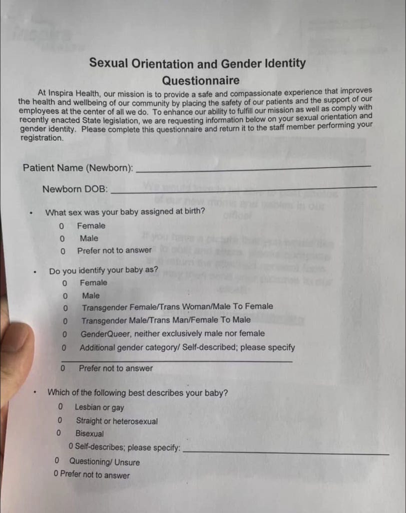 cblwomen's tweet image. REPORT: A New Jersey hospital gives parents a sexuality-and-gender questionnaire moments after birth.
A cheap multiple-choice sheet of printer paper decides the fate of our children now?
How many babies have faced these unnatural sexist stereotypes based on what the parent wants…