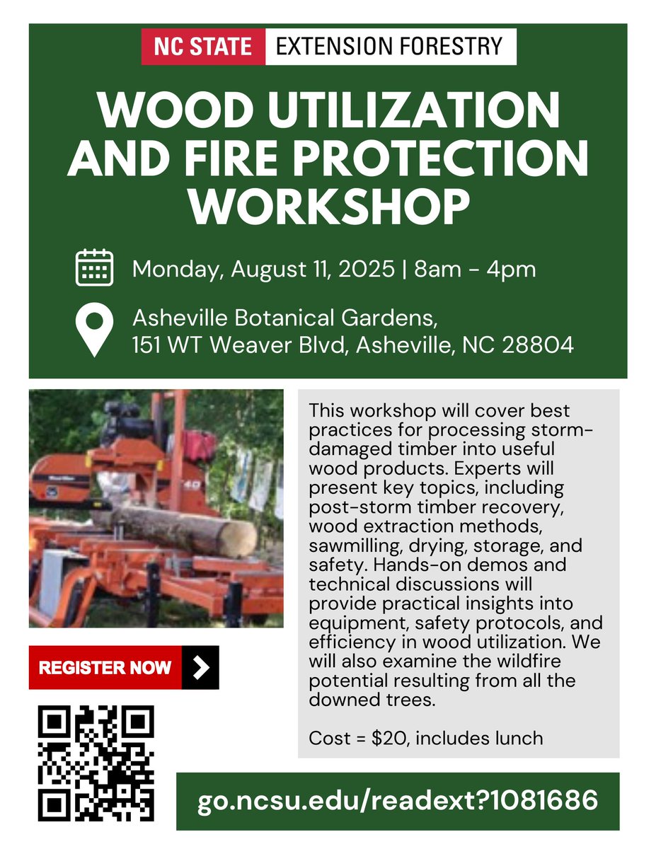 Sign up for our Hurricane Helene Forest Recovery workshops!
🪵 Storm to Stove: Workshop for Timber &amp; Firewood Processing After Hurricane Helene, August 8 &amp; 9th in Hayesville, NC.
🪵 Wood Utilization &amp; Fire Protection Workshop, August 11th in Asheville, NC!
forestry.ces.ncsu.edu/events/?q=Hurr…