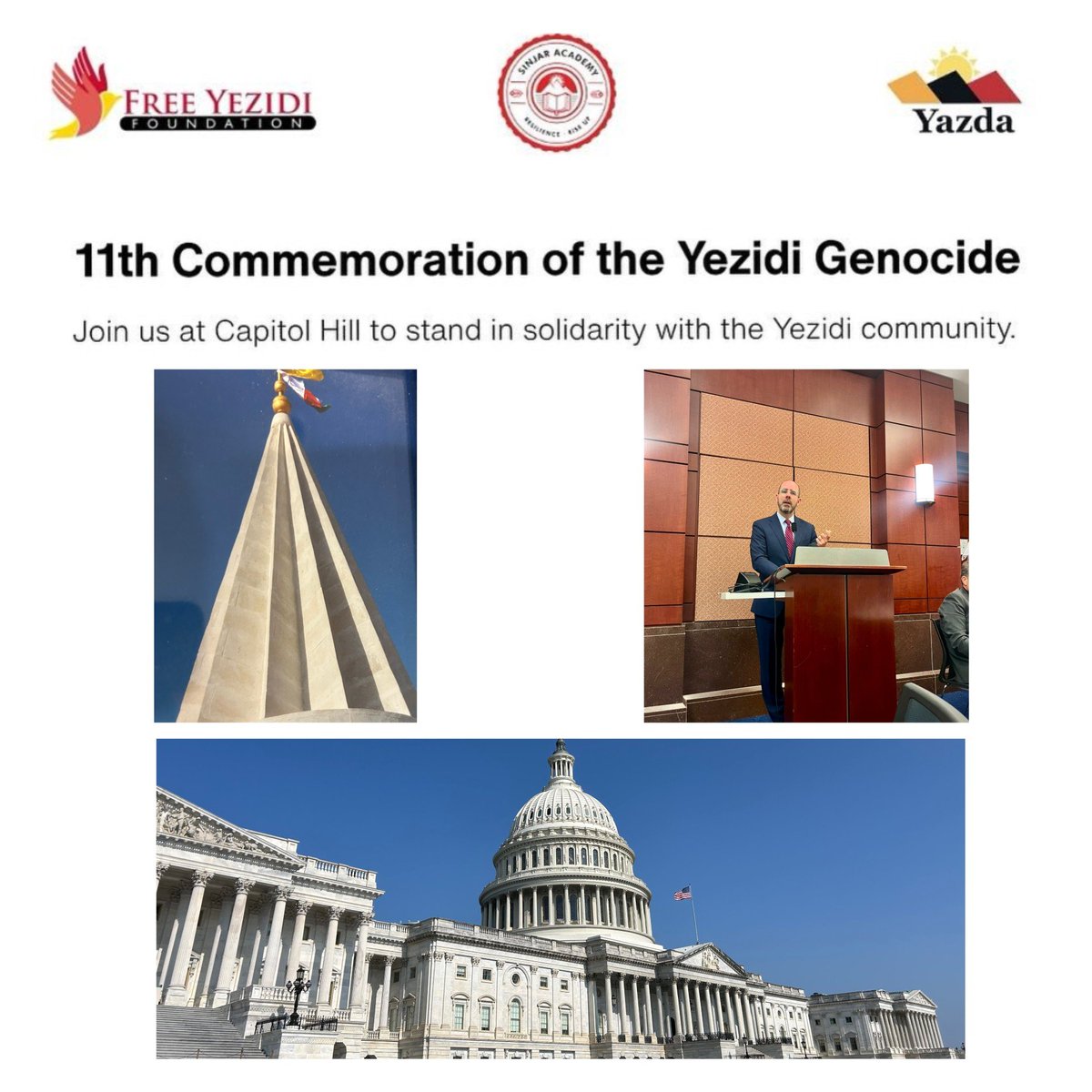 KnoxThames's tweet image. It was a beautiful day on Capitol Hill to confront a dark anniversary—11 years since ISIS’s attempted genocide against the Yezidi people. Grateful @Free_Yezidi, @SinjarAcademy, & @YazdaOrg for the opportunity to say a few words. We must never forget—and we must continue to help.