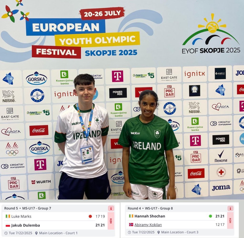 EYOF results update

Hannah Shochan 🇮🇪 has beaten Abiramy Kokilan 🇳🇴 21-12 21-17. This win sets up an exciting final group game with Daria-Irina Gherasim 🇷🇴 

Luke Marks 🇮🇪 had a close final group game losing out Jakub Dulemba 🇵🇱 21-17 21-19 💪☘️