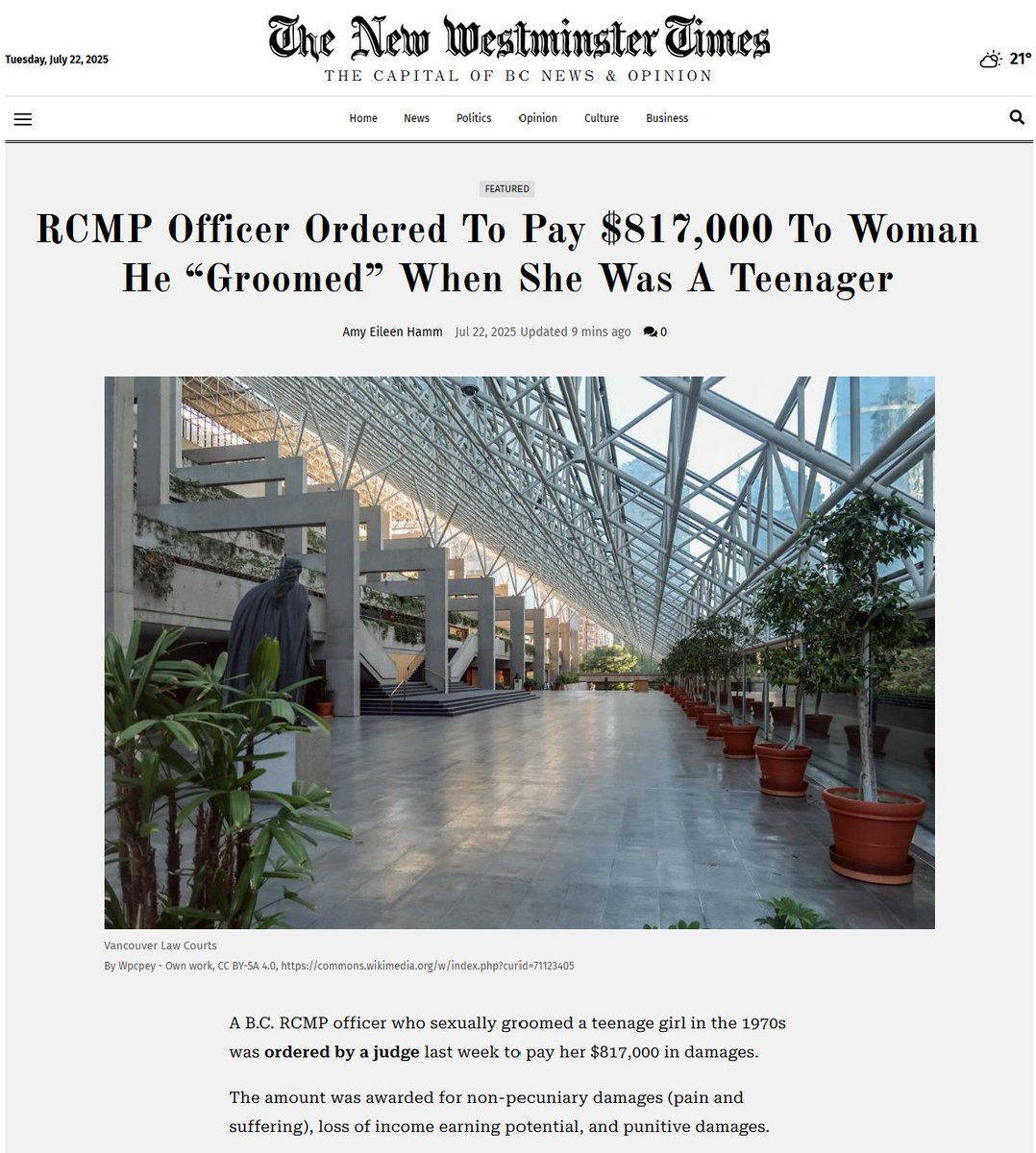 NewWestTimes's tweet image. Amy Hamm: "RCMP officer ordered to pay $817,000 to woman he “groomed” when she was a teenager." @preta_6 analyses a recent court ruling in a case that involved events that date back to the 1970s in Campbell River, BC. newwesttimes.com/news/rcmp-offi…