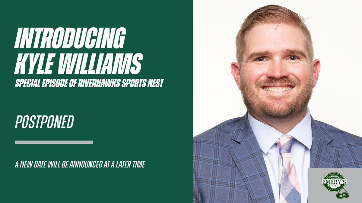 RiverHawkSports's tweet image. Due to the passing of an immediate family member within the RiverHawks Sports Nest team, Wednesday evening's special episode of the show at Emery's Grill in Tahlequah featuring new head baseball coach Kyle Williams will be postponed.
A new date will be announced at a later time.