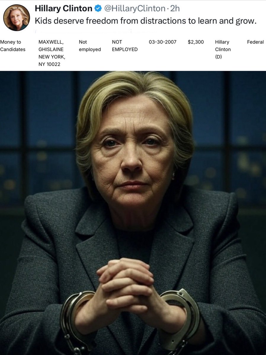 JamesHartline's tweet image. DOGE Police Blotter: Ghislaine Maxwell's main gal pal Hillary Clinton just posted on social media one of the primary reasons she should immediately be arrested.
"Kids deserve freedom from distractions to learn and grow."
Keep Hillary away "the village" and the kids. Lock Her…