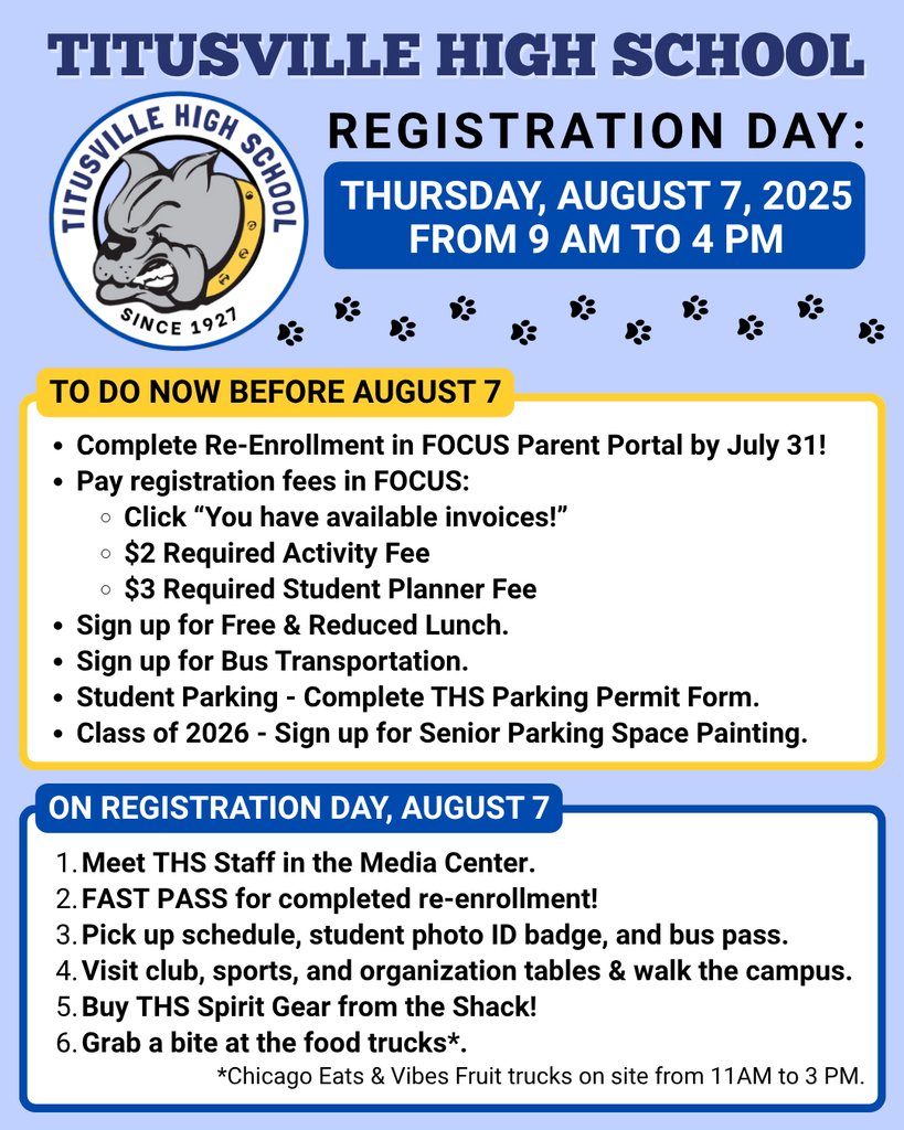 THS’ registration will be Thursday, August 7, from 9am-4pm. During registration, students can pick up their schedules, sign up for sports and clubs, find their classrooms, and much more! Chicago Eats and Vibes Fruit food trucks will also be on campus from 11am-3pm.