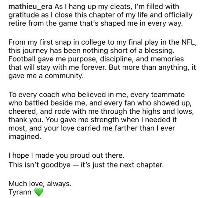Tyrann Mathieu has announced his retirement from the NFL:
