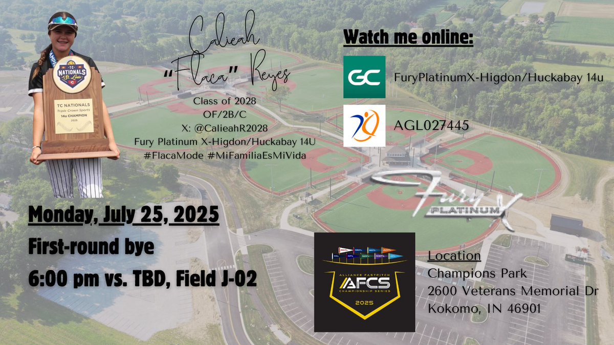 Calieah “Flaca” Reyes (@calieahr2028) on Twitter photo Check out my schedule for the 2025 <a href="/thealliancefp/">The Alliance Fastpitch</a> Championship Series starting Monday🏆
<a href="/FPX14U/">Fury Platinum X Higdon/Huckabay</a> is coming off a hot weekend, and I’m ready to keep that momentum going🔥
#FlacaMode #MiFamiliaEsMiVida
<a href="/Jeremy_P_Higdon/">Jeremy Higdon</a> <a href="/CoachFrankReed/">Frank Reed</a> <a href="/coachK73/">Scottie Kilgore</a> <a href="/Acozart44/">Ashley Cozart</a> <a href="/hgshollenberger/">Hannah Shollenberger</a> Check out my schedule for the 2025 <a href="/thealliancefp/">The Alliance Fastpitch</a> Championship Series starting Monday🏆
<a href="/FPX14U/">Fury Platinum X Higdon/Huckabay</a> is coming off a hot weekend, and I’m ready to keep that momentum going🔥
#FlacaMode #MiFamiliaEsMiVida
<a href="/Jeremy_P_Higdon/">Jeremy Higdon</a> <a href="/CoachFrankReed/">Frank Reed</a> <a href="/coachK73/">Scottie Kilgore</a> <a href="/Acozart44/">Ashley Cozart</a> <a href="/hgshollenberger/">Hannah Shollenberger</a>