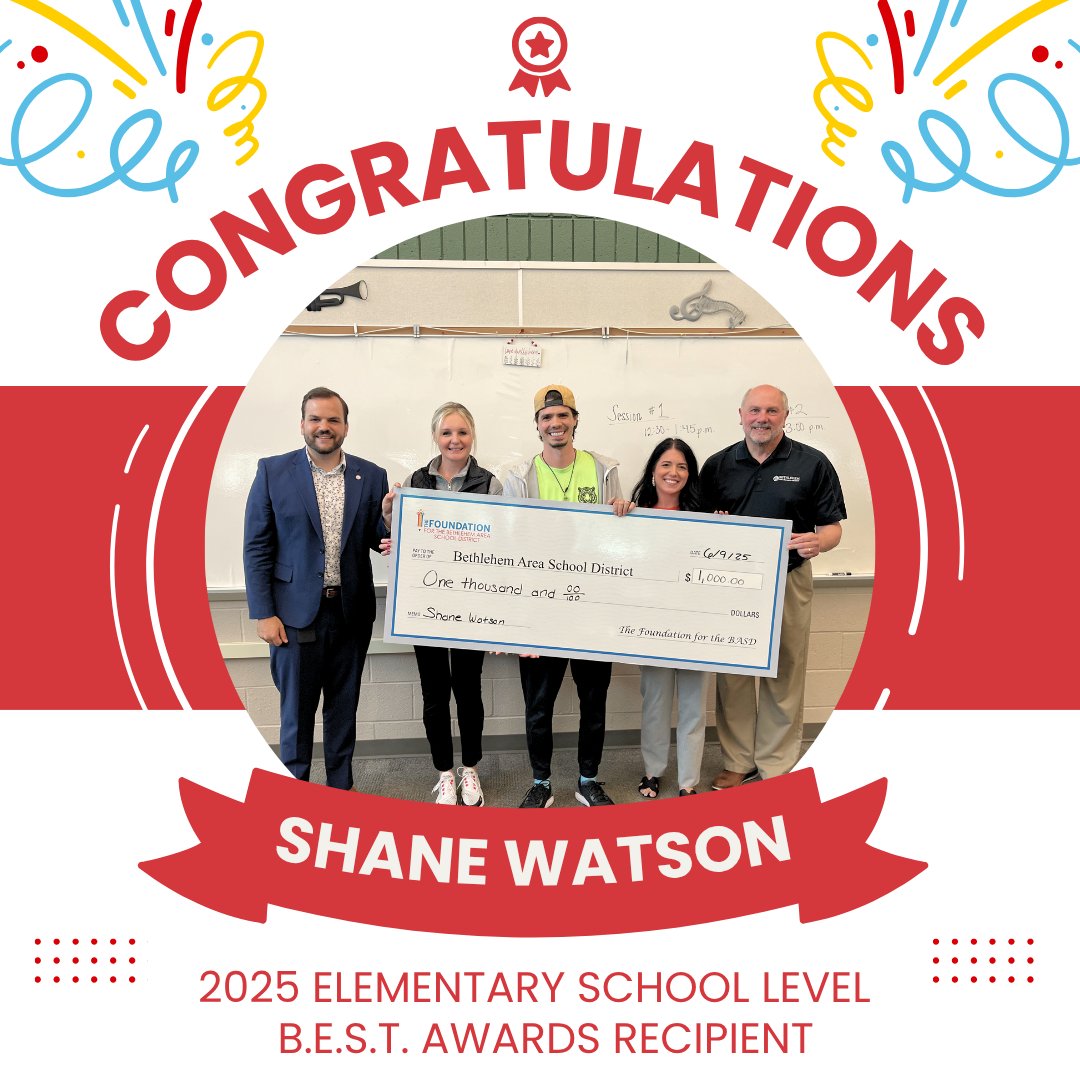 FoundationBASD's tweet image. Congratulations to our 2025 Elementary School Level B.E.S.T. Award recipient: Shane Watson! 🎉
Thank you @lvc_foundation for establishing the Bethlehem Educational Scholastic Trust (B.E.S.T.) Fund to recognize the best teachers each year!
#foundationBASD #BASD #BASDproud