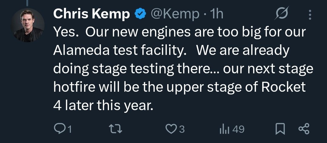 booster_10's tweet image. Chris Kemp has announced that Astra will be hotfiring Rocket 4's upper stage later this year.