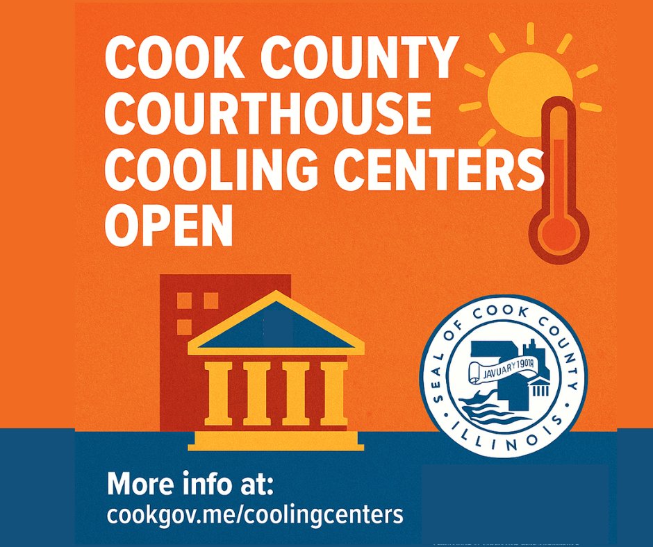 CookCountyEMRS (@cookcountyemrs) on Twitter photo Cook County will experience extreme heat Wed. through Friday. The County will activate three additional cooling centers at the Skokie, Maywood and Markham Courthouses starting Wed. at 8 a.m.
View the complete list of cooling centers here: cookgov.me/coolingcenters Cook County will experience extreme heat Wed. through Friday. The County will activate three additional cooling centers at the Skokie, Maywood and Markham Courthouses starting Wed. at 8 a.m.
View the complete list of cooling centers here: cookgov.me/coolingcenters