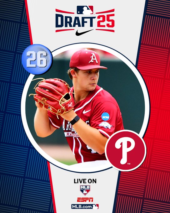 jimcallisMLB's tweet image. No. 26 overall pick Gage Wood signs w/@Phillies for $3 million (slot value = $3,492,200). @RazorbackBSB RHP, 19-strikeout no-hitter at College World Series, explosive fastball to 98 mph, power 82-85 mph curveball devastating as well. @MLBDraft