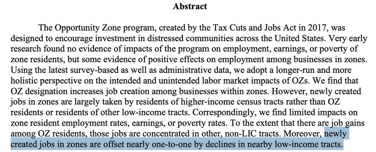 albrgr's tweet image. This paper finds that net jobs created by the Opportunity Zones tax break are largely just shifted from adjacent census tracts
conference.nber.org/conf_papers/f2…