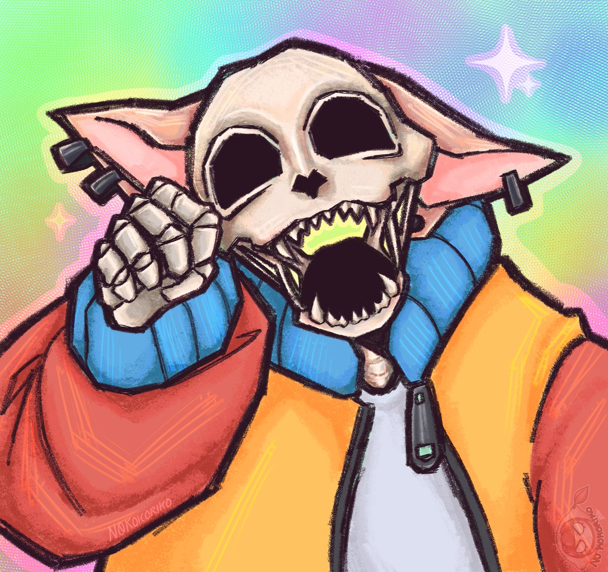 Can't be too spooky when you have a sick jacket. This is @alizard_lullaby's skeleton cat, aren't they cool? Thank you for letting me draw your OC! :p

(#artfight2025 #fossils #crystals #OC #skeleton #cat)