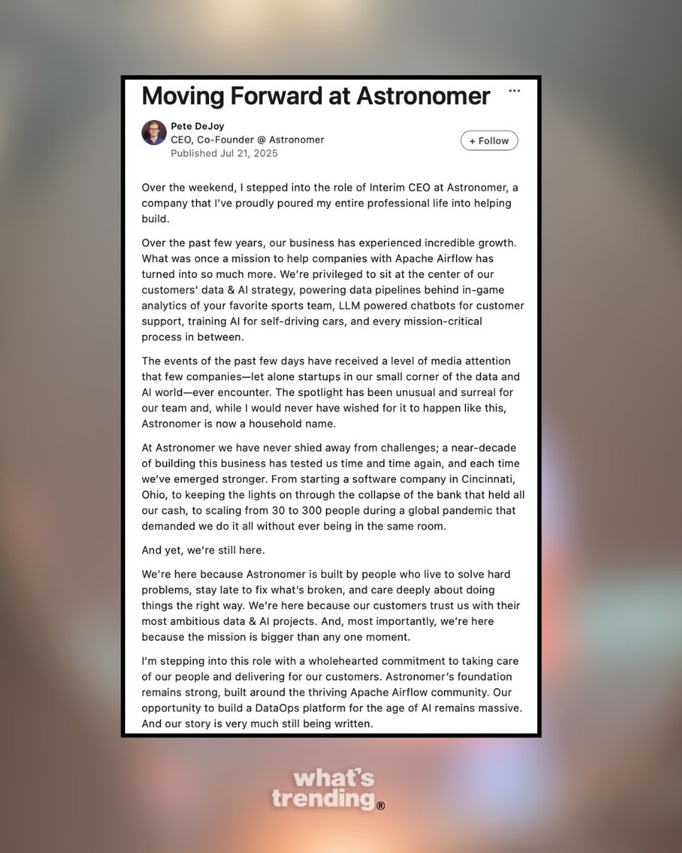 WhatsTrending's tweet image. Astronomer’s interim CEO Pete DeJoy calls the viral kiss-cam scandal “surreal” but says the company’s focus remains solid.
The ex-CEO and HR chief were caught on a Coldplay cam, igniting memes, drama, and an internal investigation.