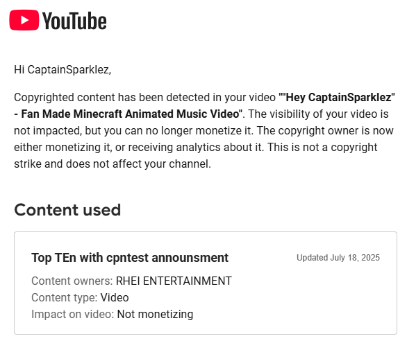 CaptainSparklez's tweet image. Shoutout to @HeyRHEI for filing a new false claim against my video every time the old one is dismissed. Three times and counting, the latest of which was for infringing upon... "CaptainSparklez". You need to lose your Content ID privileges.