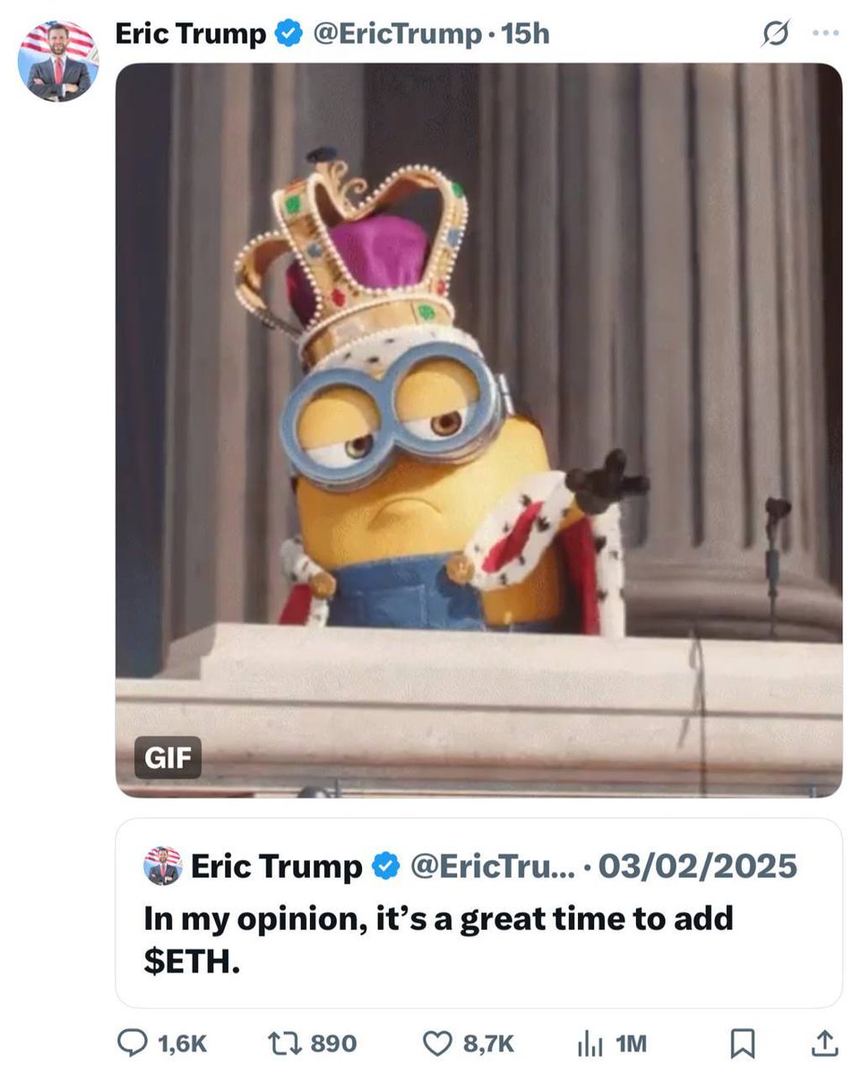 Cointelegraph's tweet image. 🇺🇸 UPDATE: Eric Trump defended his February post that it was “a great time to add $ETH,” pointing out Ethereum is up 35% in five months.