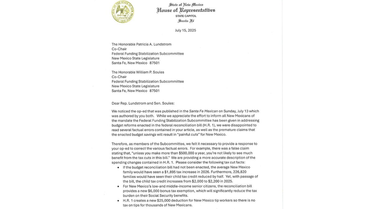 NMHouseGOP's tweet image. Reps. Cathrynn Brown and Mark Duncan are correcting the record.
They sent a letter to the co-chairs of the Federal Funding Stabilization Subcommittee to push back on false claims about the Budget Bill (H.R. 1).
The truth?
H.R. 1 does not cut healthcare. It increases Medicaid…