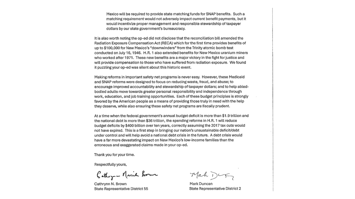 NMHouseGOP's tweet image. Reps. Cathrynn Brown and Mark Duncan are correcting the record.
They sent a letter to the co-chairs of the Federal Funding Stabilization Subcommittee to push back on false claims about the Budget Bill (H.R. 1).
The truth?
H.R. 1 does not cut healthcare. It increases Medicaid…