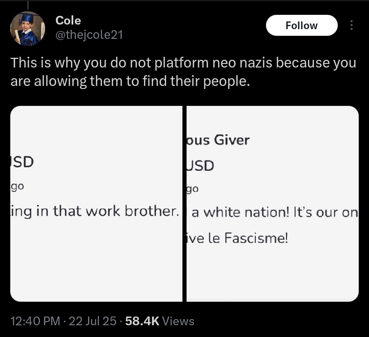 uncle_authority's tweet image. tweet viral ad campaign for fascist clown's crowdfunding campaign → use visibility to post under it that socialism is when fascists get free money from racists for being racist → complain that Jubilee platforms fascists → leave tweet up → proceed as if not part of the problem