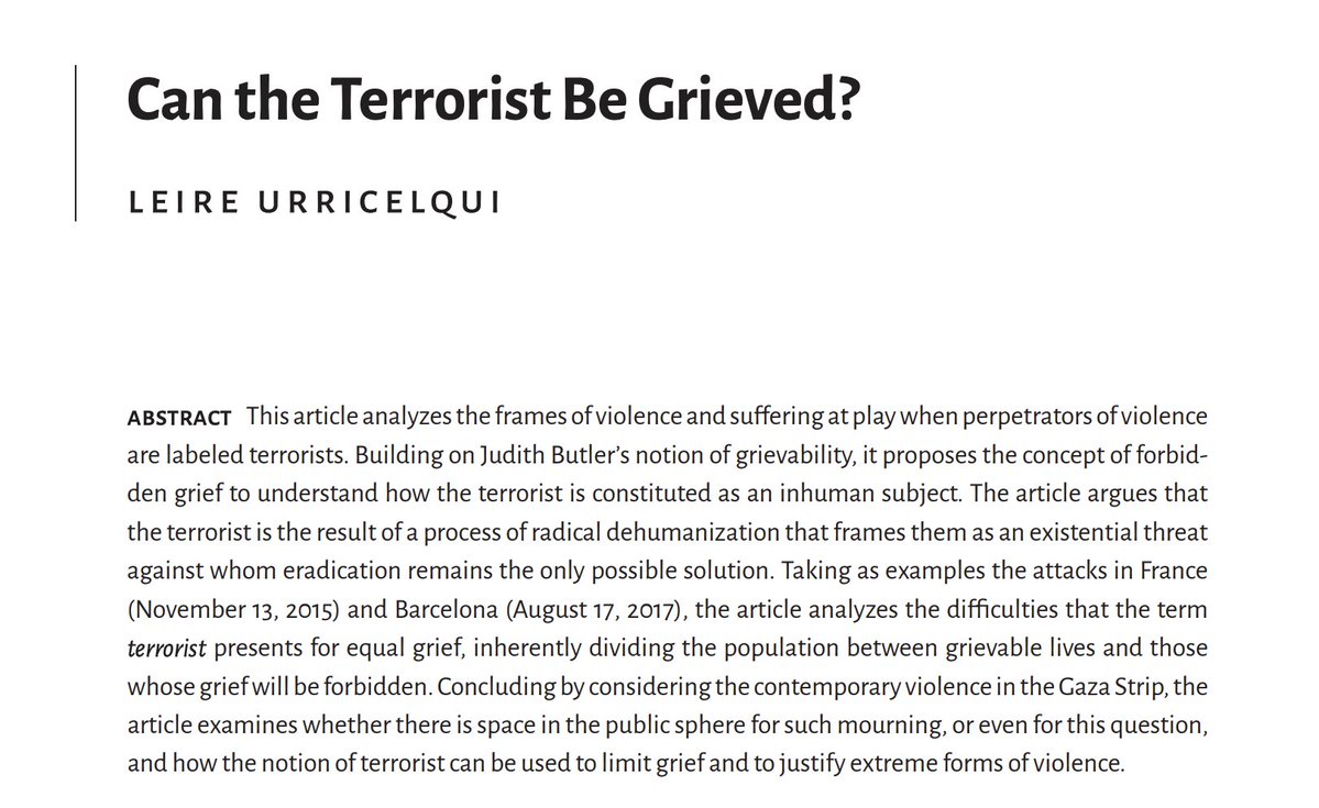 Critical_Times_'s tweet image. &quot;[D]ehumanizing the enemy ... as the embodiment of absolute evil poses a direct threat to the fundamental values of democratic states.&quot;

From the latest issue of Critical Times, Leire Urricelqui on grievability and the figure of the terrorist: read.dukeupress.edu/critical-times…