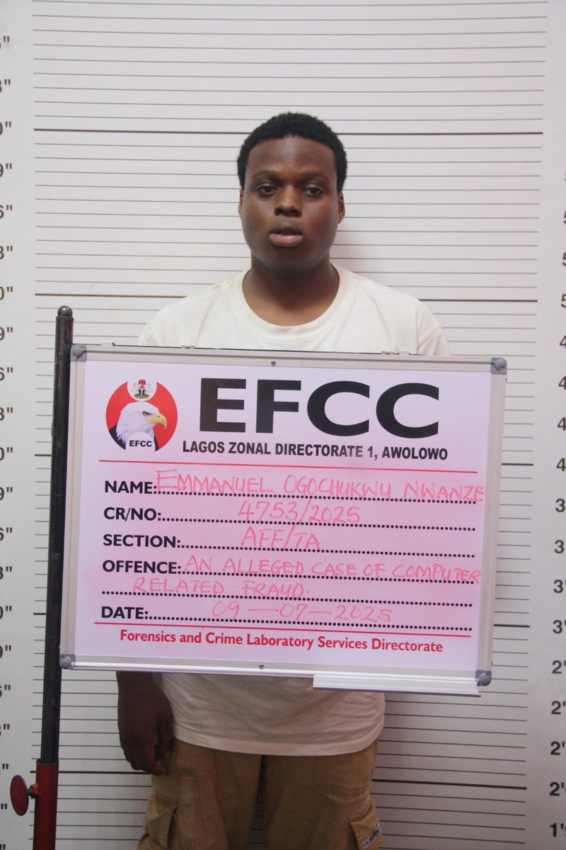 officialEFCC's tweet image. Court Jails Two Internet Fraudsters in Lagos
The Lagos Zonal Directorate 1 of the Economic and Financial Crimes Commission, EFCC, on Tuesday, July 22, 2025, secured the conviction and sentence of two internet fraudsters, Emmanuel Nwanze and Omogbe Aroghene Justice, before…