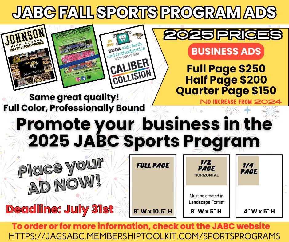JagsClub's tweet image. Promote your business in the JABC 2025 Fall Sports Program! Deadline to place a Business Ad is July 31st.
jagsabc.membershiptoolkit.com/sportsprograms