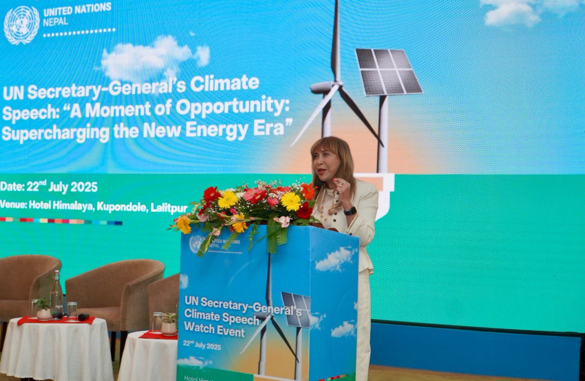United Nations in Nepal (@un_nepal) on Twitter photo From New York to Nepal <a href="/UN_Nepal/">United Nations in Nepal</a> amplified SG <a href="/antonioguterres/">António Guterres</a>’ call to “Supercharge the new energy era.”
In🇳🇵we marked this moment with a youth-led dialogue spotlighting Nepal’s #NDC3.0 goals:
✅ Net0 by 2045
✅ Climate resilience
✅ Just transition
✅ Clean energy & hydropower From New York to Nepal <a href="/UN_Nepal/">United Nations in Nepal</a> amplified SG <a href="/antonioguterres/">António Guterres</a>’ call to “Supercharge the new energy era.”
In🇳🇵we marked this moment with a youth-led dialogue spotlighting Nepal’s #NDC3.0 goals:
✅ Net0 by 2045
✅ Climate resilience
✅ Just transition
✅ Clean energy & hydropower