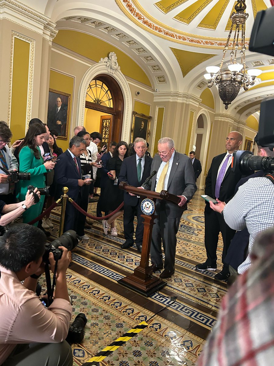 courtneybuble's tweet image. Durbin and Booker joined Schumer at his weekly briefing as he talks about the upcoming procedural vote on Emil Bove
Schumer called Bove “one of Trump’s worst nominees” and a “trumpian henchman”