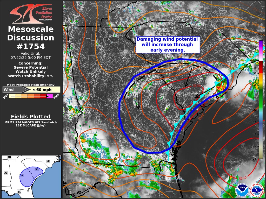 NWSSPC's tweet image. 1:57pm CDT #SPC_MD 1754 , #scwx #gawx, spc.noaa.gov/products/md/md…
