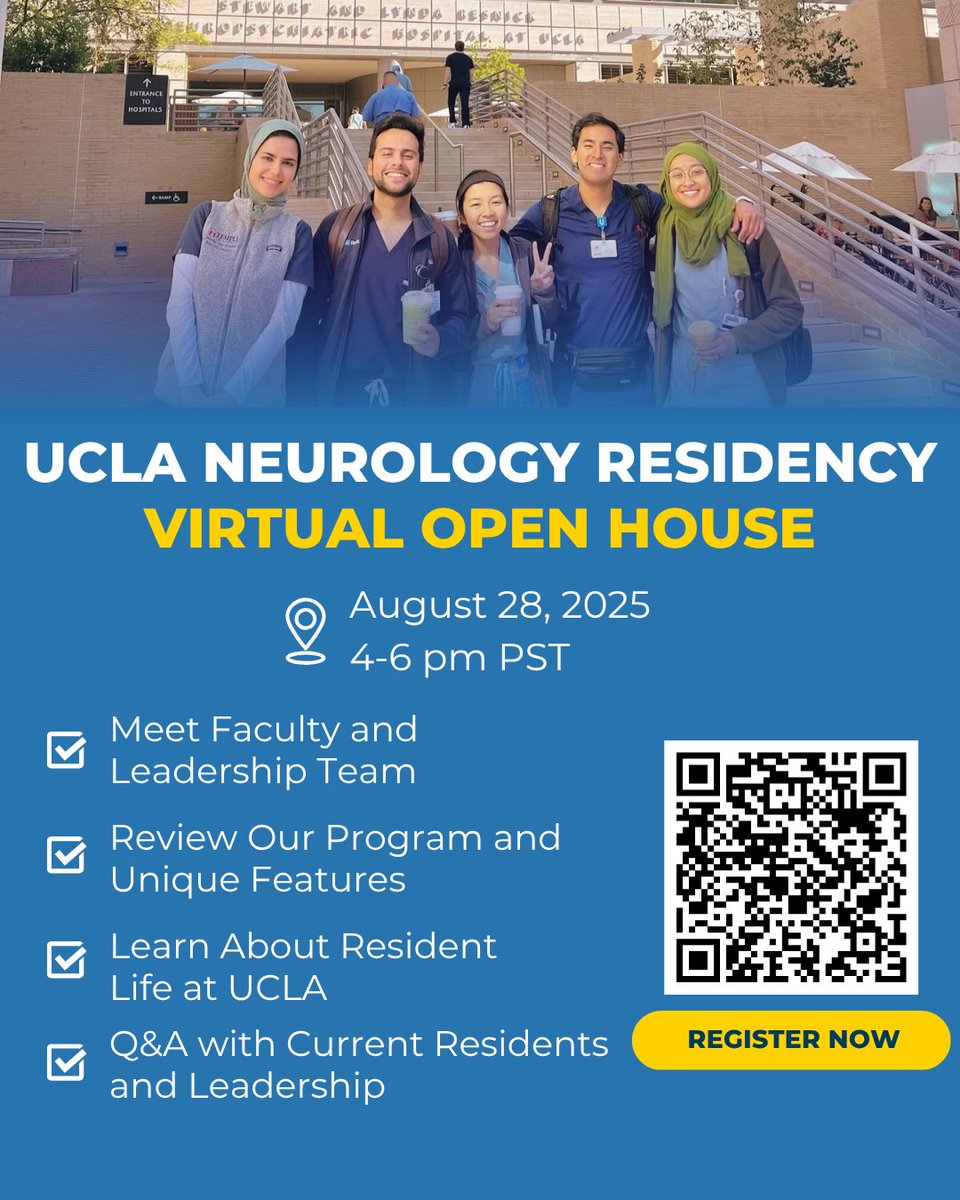 UCLA Neurology (@uclaneurology) on Twitter photo š£ #NMatch2026 applicants: Join us for the UCLA Neurology Residency Virtual Open House on August 28!
Meet our residents & faculty, explore what makes our program stand out, and get an authentic look at training at UCLA.
Register here: uclahs.zoom.us/webinar/registā¦
<a href="/NMatch2026/">NeurologyMATCH2026</a> #nmatch š£ #NMatch2026 applicants: Join us for the UCLA Neurology Residency Virtual Open House on August 28!
Meet our residents & faculty, explore what makes our program stand out, and get an authentic look at training at UCLA.
Register here: uclahs.zoom.us/webinar/registā¦
<a href="/NMatch2026/">NeurologyMATCH2026</a> #nmatch