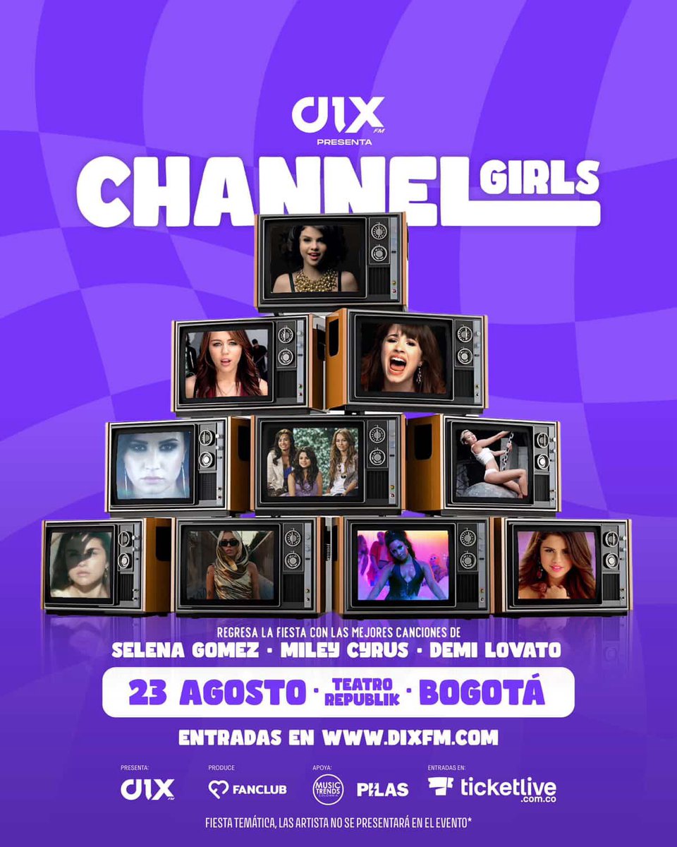 NUEVA FIESTA 🎉 

Regresa la CHANNEL GIRLS Party de <a href="/DixFM/">Dix FM</a> y <a href="/fanclub_col/">Fanclub ♡</a> este 23 de Agosto en Bogotá 📍

Una noche con toda la música de Miley Cyrus, Selena Gomez y Demi Lovato 💋🖤🎸

Entradas ya disponibles en <a href="/Ticketliveco/">Ticketlive Colombia</a> 🎫