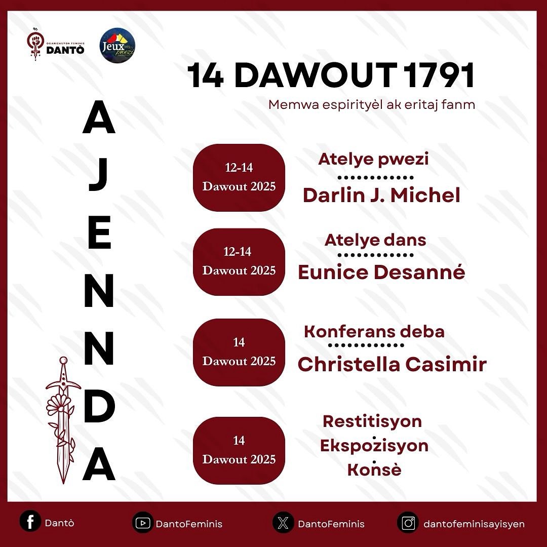 Espas refleksyon ak kreyasyon atistik. Òganizasyon Feminis Dantò ak Jeux dits Pwezi envite w patisipe nan ansanm aktivite sa yo ak nou, soti 12 pou rive 14 Dawout, si w nan Jakmèl.

N ap tann ou!

#oganizasyonfeminisdanto #feminisayisyen #jeuxditspoesie #revolisyonayisyen