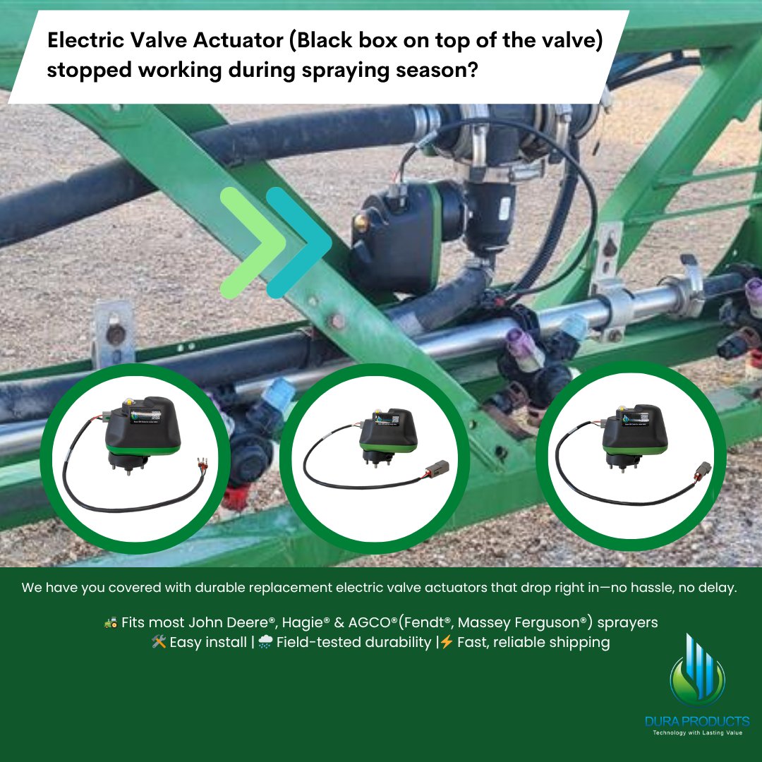 Spraying season doesn’t stop, and neither should your valve actuators.  

Swap out that broken unit with a Dura OEM replacement built to fit and built to last.  

Fits JD®, Hagie®, AGCO®, &amp; more 

Fast install. Field-proven. No hassle.  

barndoorag.com/search.php?sea…