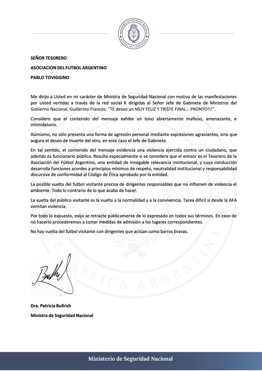 PatoBullrich's tweet image. Al Tesorero de la AFA que se cree con derecho a desearle la muerte al Jefe de Gabinete: retráctese o enfrentará las consecuencias.
Si queremos volver a tener público visitante en las canchas, necesitamos una AFA que dé el ejemplo, no dirigentes que se comporten como barras…
