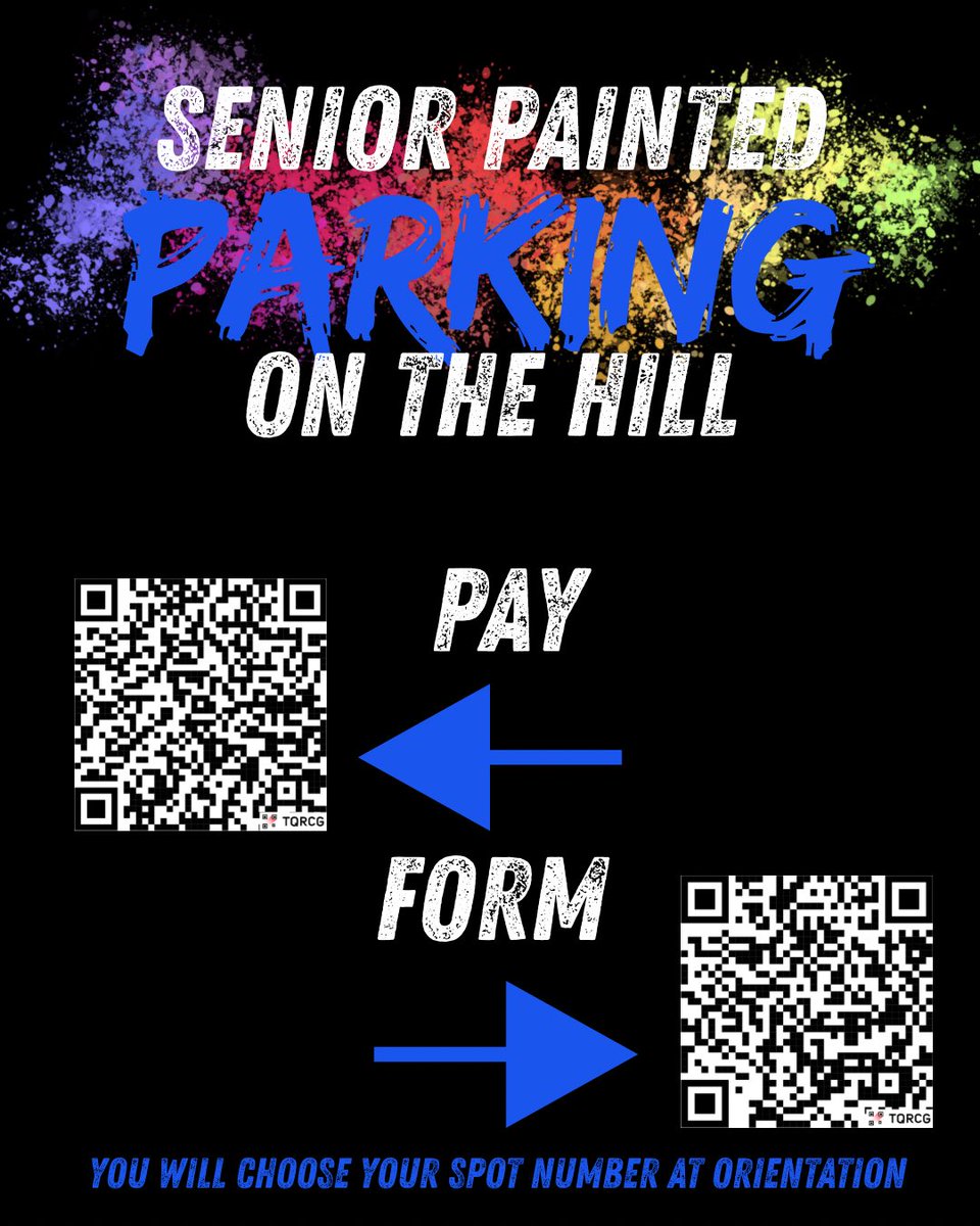Class of 2026, we are so excited for your senior year!!! First thing to do is to purchase parking. Please fill out the form with your SCHOOL email and make the payment. This is for PAINTED spots ONLY. Contact Ms. Asmar and Coach Essary for any questions.