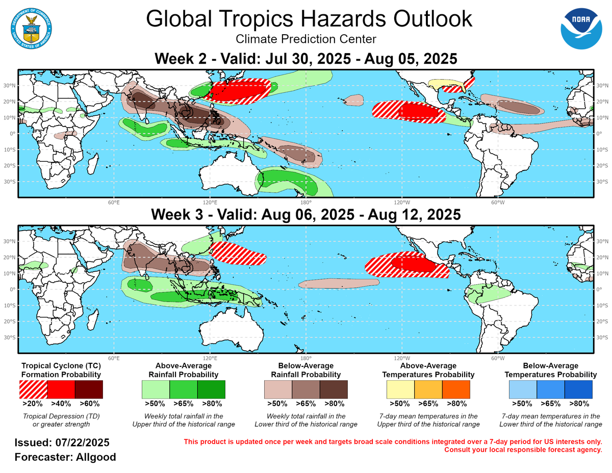 FloridaTropics1's tweet image. The latest Global Tropics Hazards Outlook has highlighted both the Gulf and Atlantic sides of Florida for a low chance of tropical cyclone formation possibility between July 30 and August 5. The following week is looking quiet basin-wide. Keep watching.