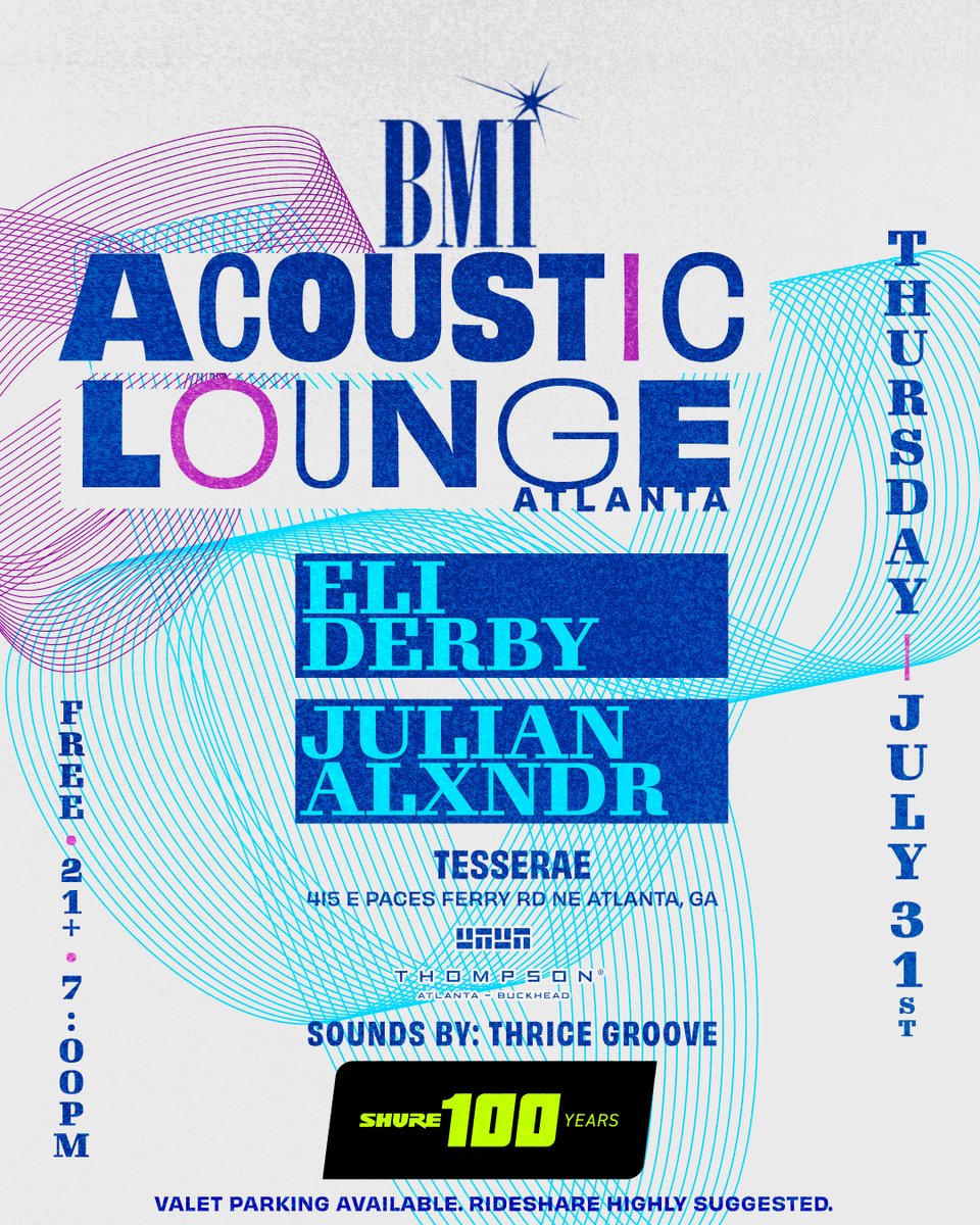 bmi's tweet image. Join us at our BMI Acoustic Lounge in Atlanta with our #BMIFamily #EliDerby & #JulianAlxndr at TESSERAE on July 31st! #BMIAcousticAtlanta @shure