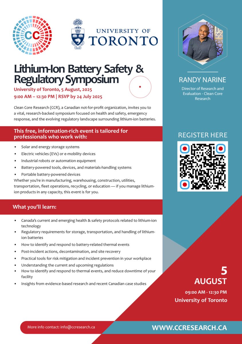 RandyNarinee's tweet image. Are You Prepared for the Risks of Lithium-Ion Technology in the workplace?
Join us August 5th, 9am to 1pm at the University of Toronto for the Lithium-Ion Battery Safety & Regulatory Symposium, a FREE, expert-led event focused on the real-world risks and regulations shaping how…