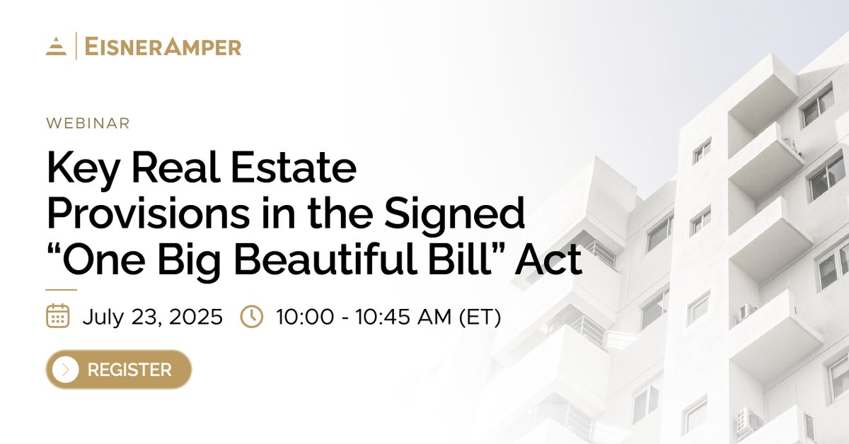The “One Big Beautiful Bill” Act was recently signed into law, introducing significant changes that will impact your planning for real estate investments and tax strategies. Join our real estate tax specialists on July 23 for a webinar update breaking down the key provisions.