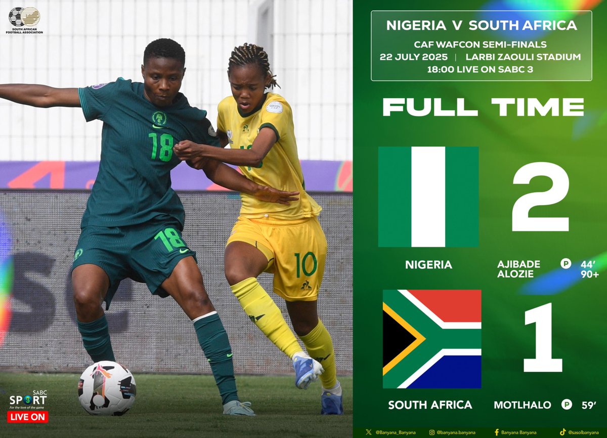 GovernmentZA's tweet image. #WAFCON2025 | Well Done, Banyana Banyana 🇿🇦💚💛
A tough loss in the semi-final, but we are proud of how far you’ve come.
Thank you for flying the flag high and representing South Africa with heart, strength, and pride! 👏⚽️
#GovZAUpdates