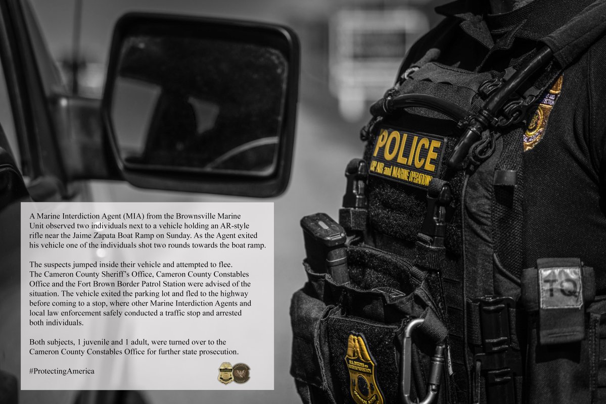 CBPAMO's tweet image. SHOTS FIRED! 1 juvenile and 1 adult arrested after shots fired at the Jaime Zapata Boat Ramp in Brownsville, Texas.
#ProtectingAmerica