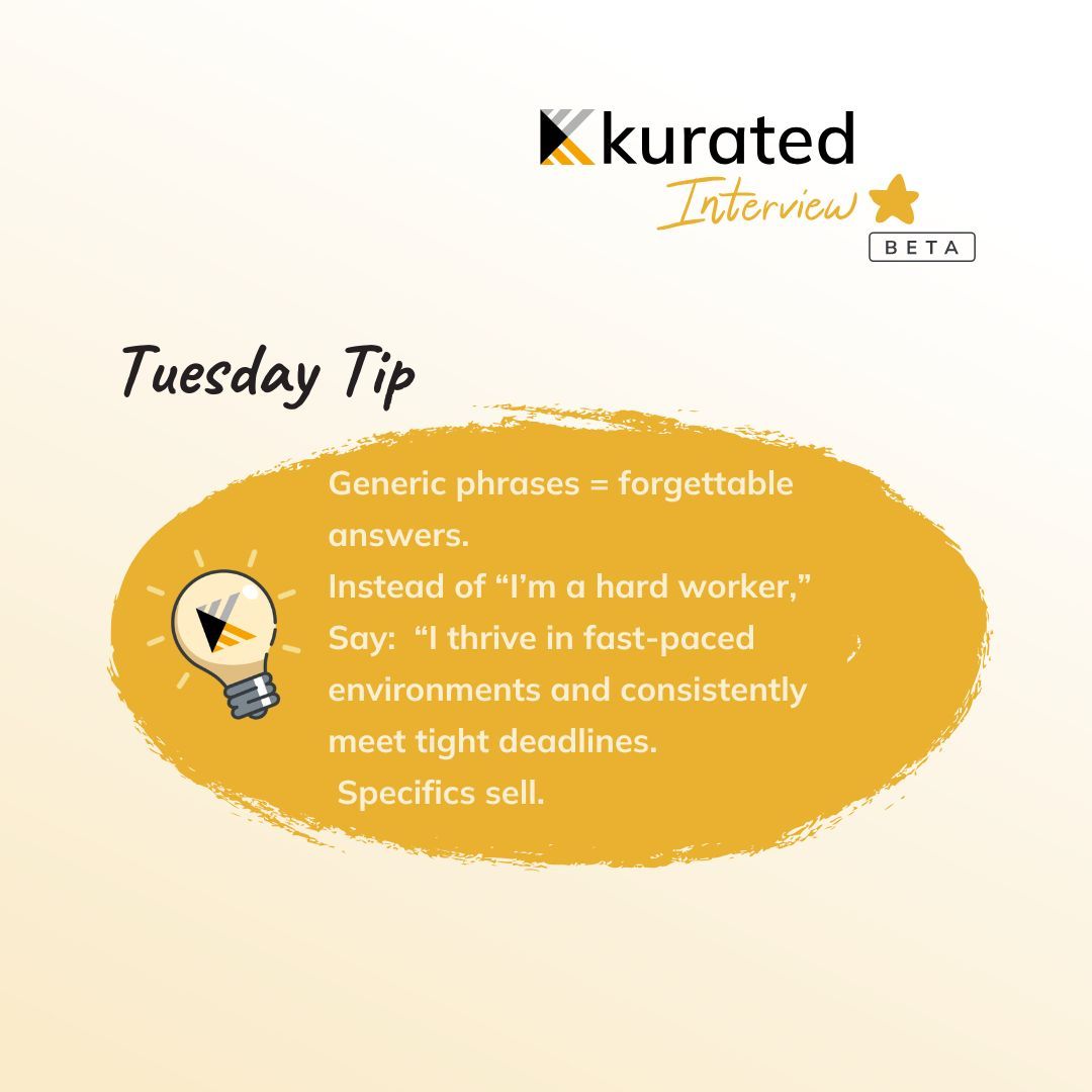kuratedai's tweet photo. 🚫 “I’m a hard worker” = empty words.
✅ “I delivered a project 3 days early while managing 3 stakeholders” = actual proof.

If you want to stand out, stop using vague clichés. Get specific.

Follow @KuratedInterview for weekly tips!

#KuratedInterview #InterviewTips #CareerTips https://t.co/qXS5oT94A2