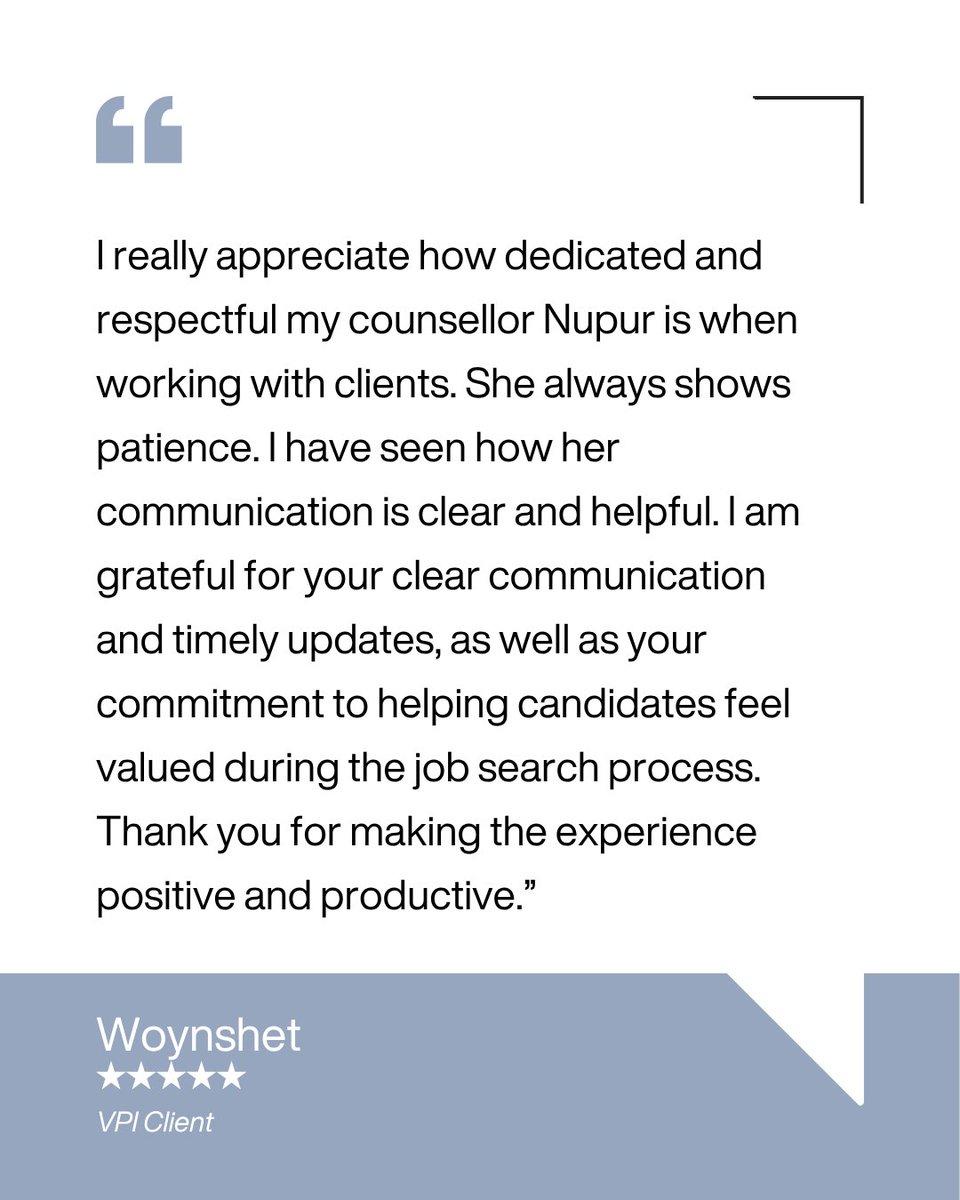vpiinc's tweet image. “I really appreciate how dedicated and respectful my counsellor Nupur is with clients. Her patience, clear communication, and timely updates made the experience so positive and productive. Thank you for helping candidates feel truly valued!” – Wyonshet 
⁠
#CareerSupport
